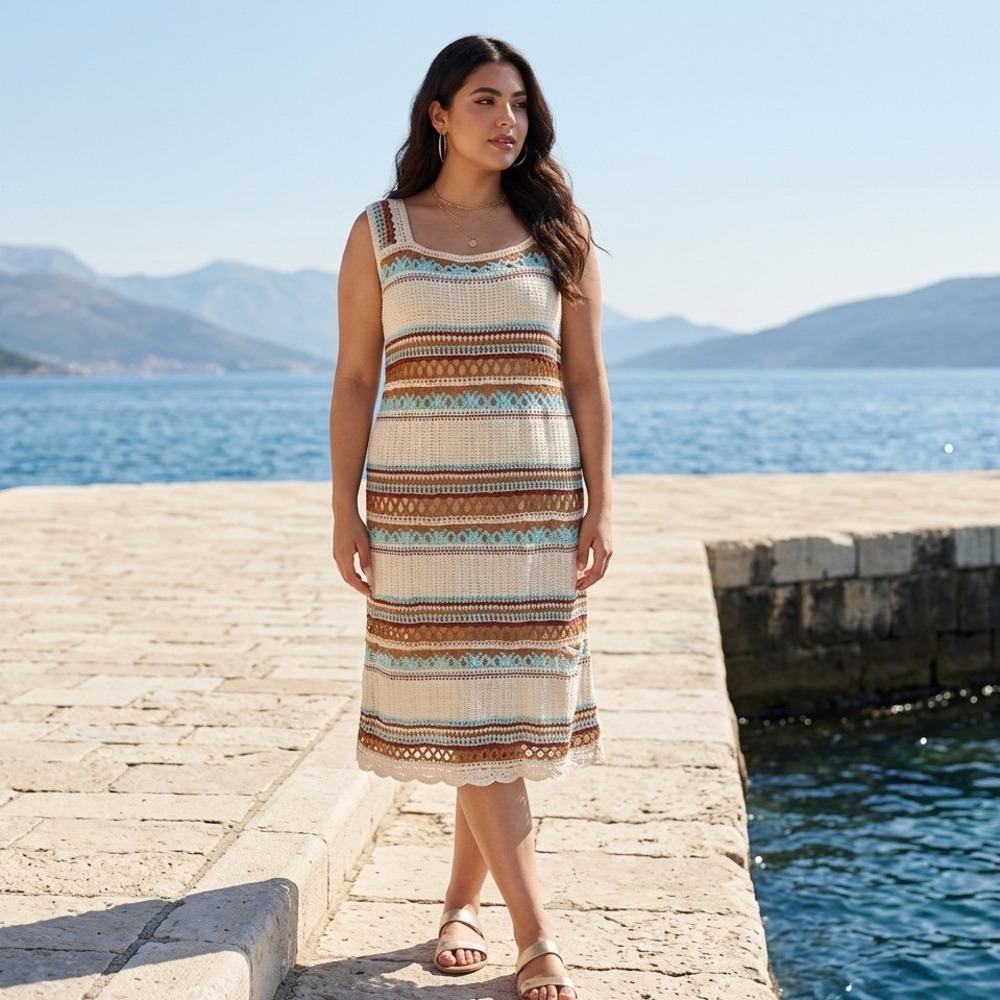 Kings Road Crochet Midi Dress XL Cream Brown Turquoise‎ Boho Striped Sleeveless
